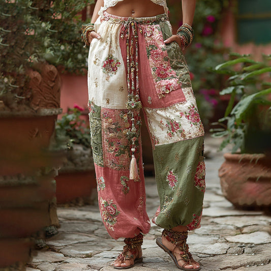 Women's Retro Floral Patchwork Art Casual Pants artswardrobe