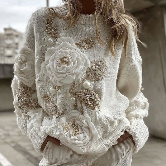 Women's Vintage White Rose Chunky Knit Turtleneck Sweater elevenforest