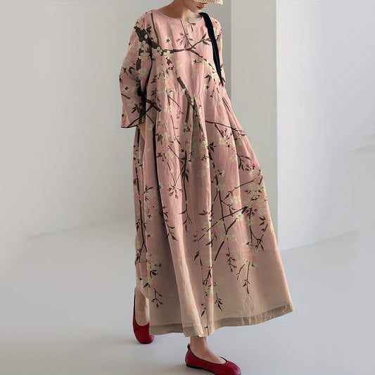 Comstylish Japanese Plum Blossom Art Linen Blend Maxi Dress