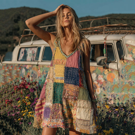 Countryside Style Collection Classy Patchwork Floral Pattern Art Linen Tank Dress artswardrobe