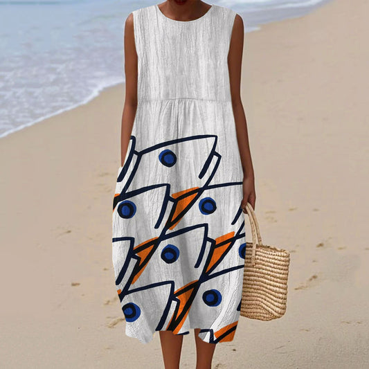 Comstylish Women's Vintage Fish Art Print Sleeveless Cotton Sleeveless Dress