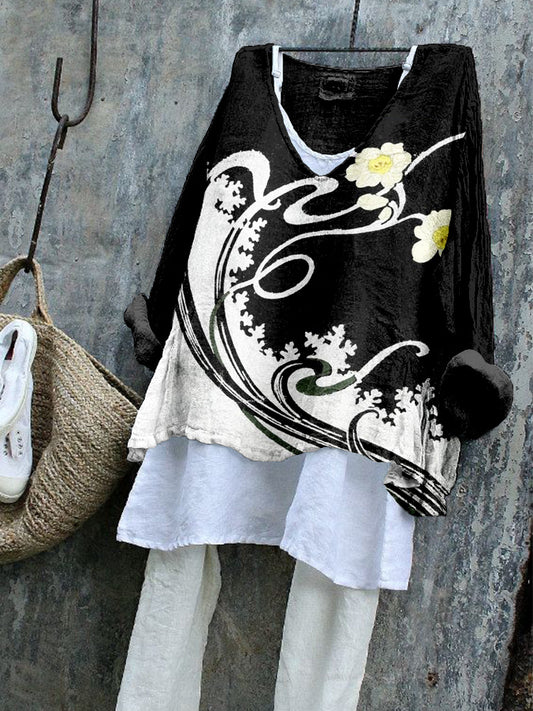 Comstylish Vintage Japanese Floral Art Linen Blend Tunic