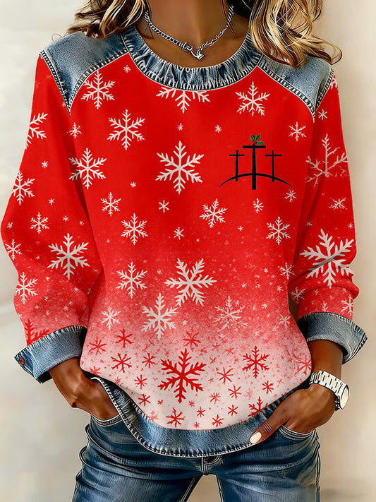 Comstylish Women's Christmas Faith Print Crew Neck Long Sleeve Top