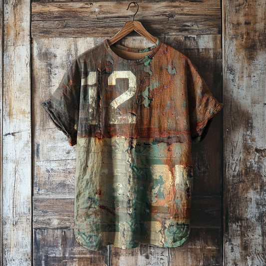 Women's Vintage Rust Art Print Round Neck Linen Blend T-shirt artswardrobe
