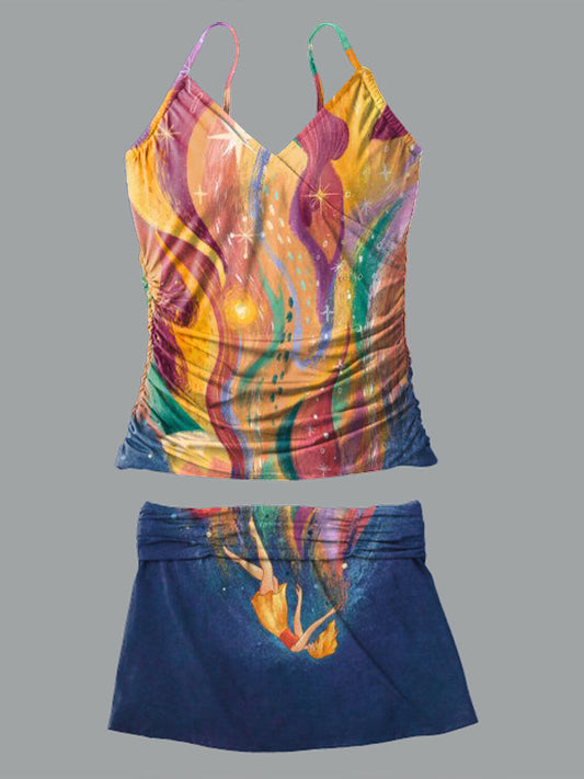 V-Neck Vintage Flowers Print Suspender Skirt Tankini Pantskirt Set Swimsuit