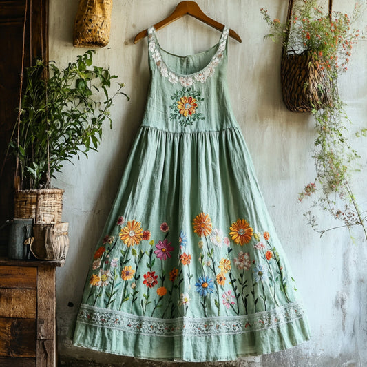 Vintage Boho Colorful Floral Lace Embroidered Art Linen Tank Dress artswardrobe