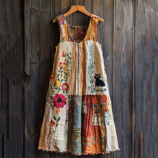 Japanese Anime Cute Cat Floral Pattern V-neck Midi Dress elevenforest