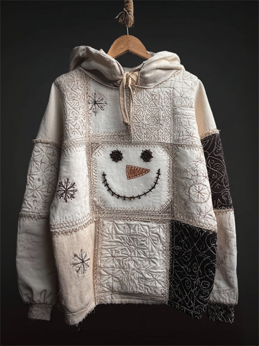 Comstylish Vintage Snowman & Snowflakes Embroidered Patchwork Hoodie