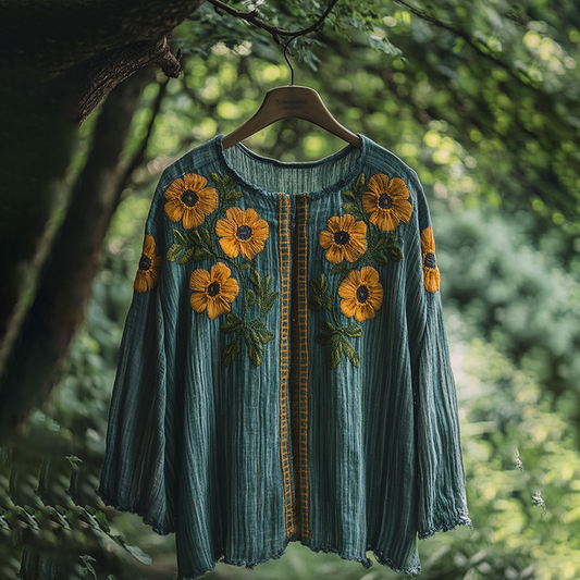 Women's Vintage Floral Embroidery Round Neck Linen Blend Loose T-shirt artswardrobe