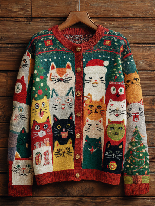 Christmas Fun Cat Lady Round Neck Knitted Sweater Coat elevenforest