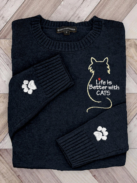 Life Is Better With Cats Embroidered Cozy Sweater elevenforest