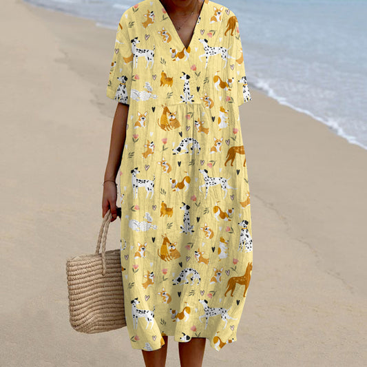 Dog Art  V-neck Linen Short Sleeves Midi Dress artswardrobe