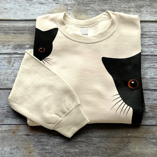 Vintage Black Cat Hide And Seek Print Ladies Sweatshirt elevenforest