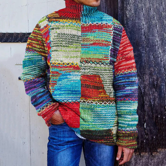 Men's Vintage Warmth Colorful Patchwork Pullover Knitted Turtleneck Sweater artswardrobe