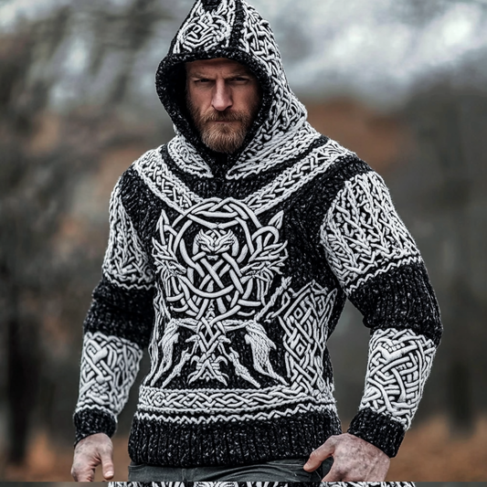 Vintage Wolf Inspired Viking Celtic Jacquard Hooded Sweater elevenforest