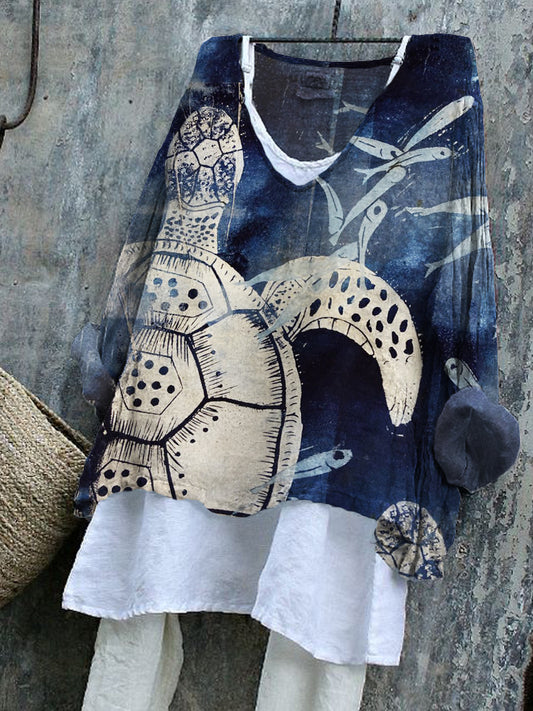 Comstylish Sea Turtle & Fish Japanese Lino Art Linen Blend Tunic