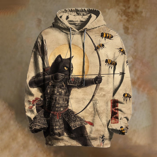 Men's Samurai Cat Fights Against Bees Japanese Art Print Casual Hoodie elevenforest