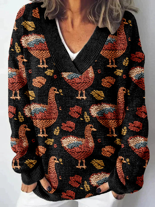 Fall Boho Turkey Pattern V Neck Cozy Sweater artswardrobe