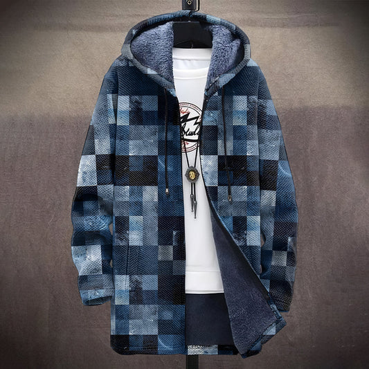 Men's Vintage Abstract Geometric Art Comfort Plush Hooded Coat elevenforest