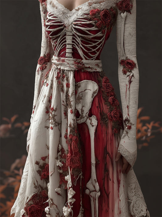 Comstylish Halloween Bloody Roses Skeleton Anatomy Contrast Linen Maxi Dress