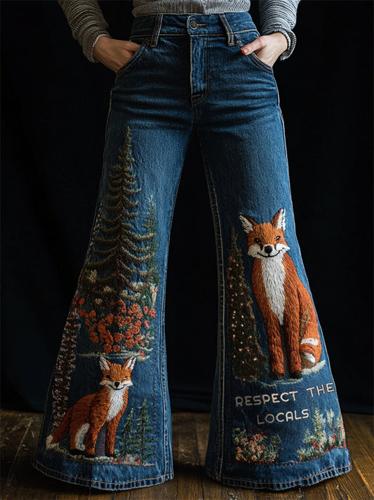 Respect The Locals Forest Foxes Embroidered Flare Jeans artswardrobe
