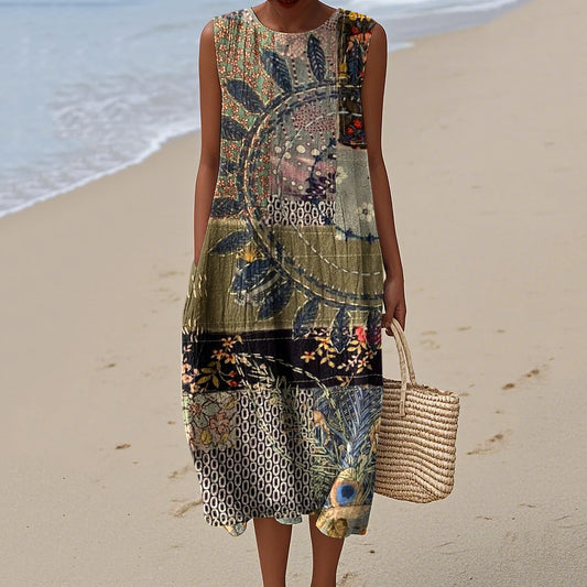 Vintage Loose Elegant Patchwork Art Linen Tank Dress artswardrobe