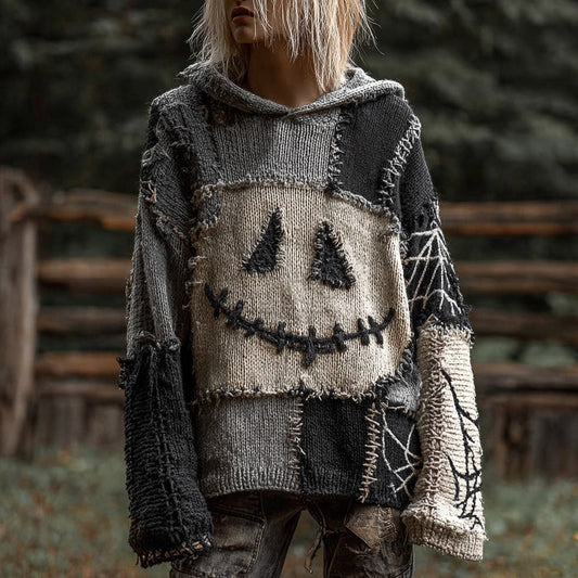 Halloween Spooky Face And Spider Web Patchwork Design Cozy Knit Hooded elevenforest