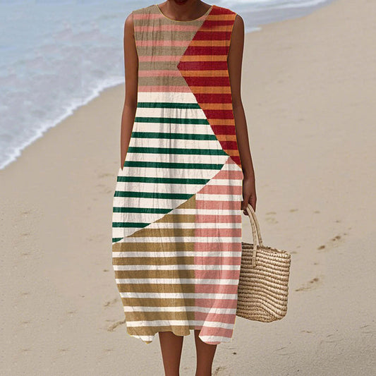 Women's Vintage Geometry Color Block Print Casual Cotton Dress artswardrobe