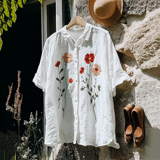 Vintage Floral Embroidery Art Lapel Linen Blend Loose Blouse artswardrobe