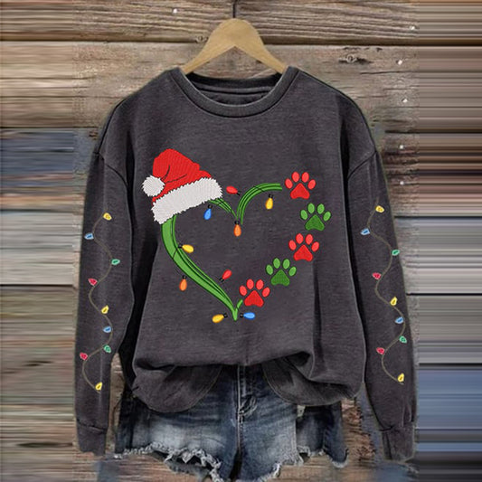 Comstylish Women's Christmas Lights Dog Paw Print Round Neck Sweatshirt