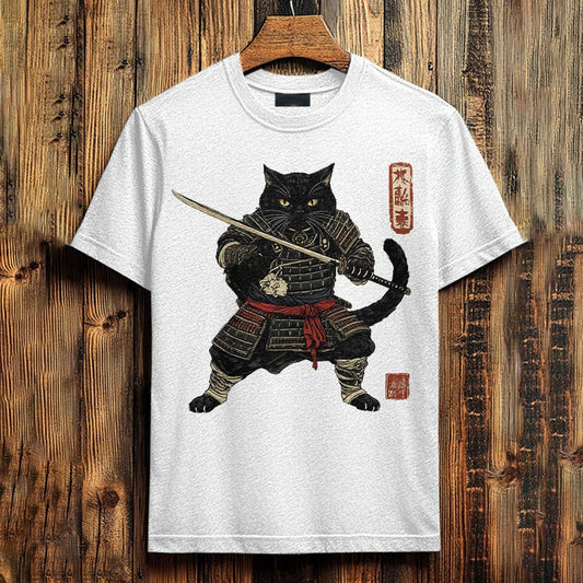 Men's Brave Cat Warrior Japanese Art Print Cotton Casual T-shirt elevenforest