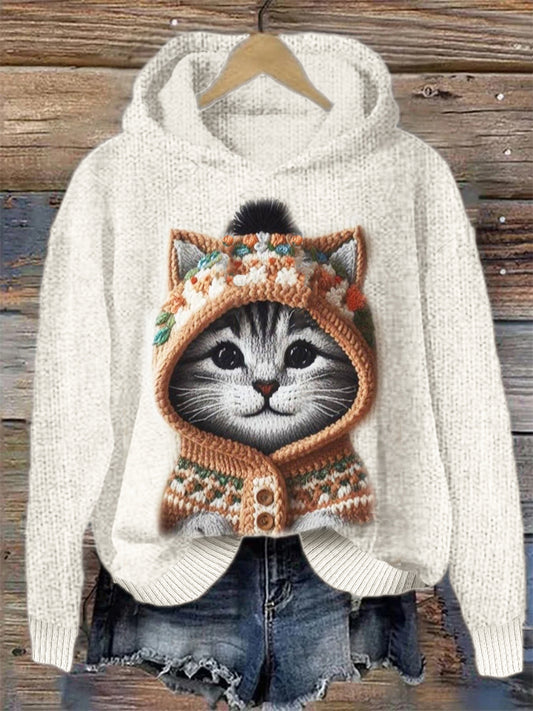 Comstylish Cozy Cat With Hoodie Crochet Hooded Sweater