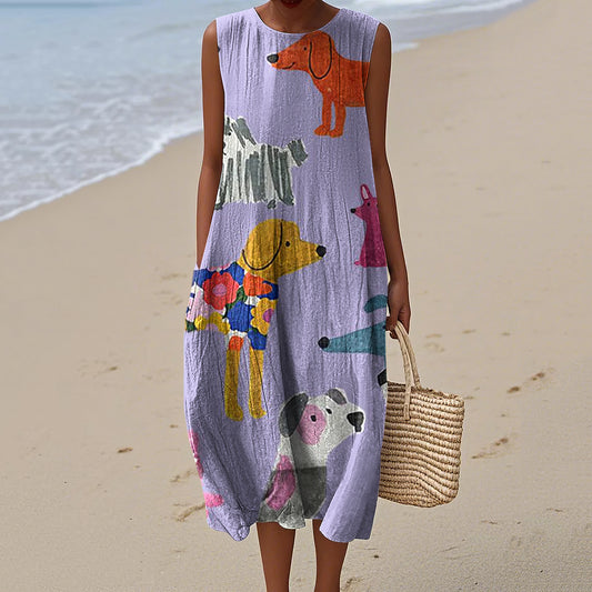Comstylish Women's Retro Cute Dogs Art Print Sleeveless Dress