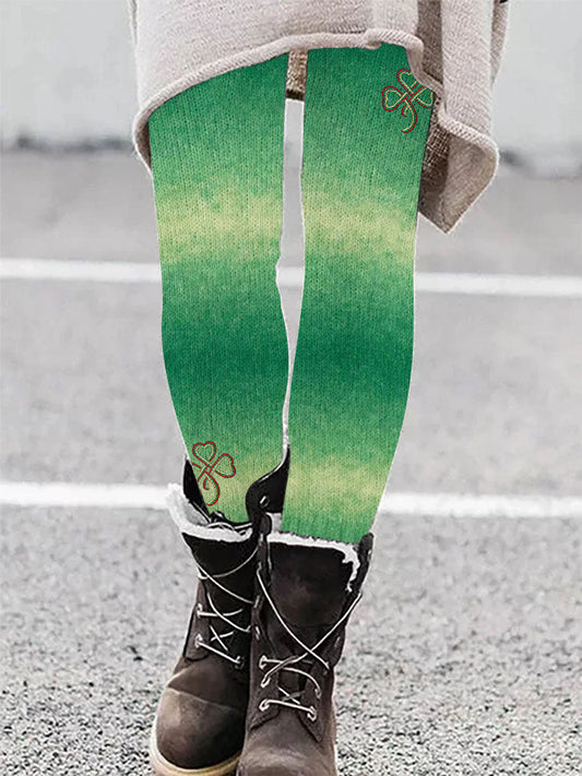 Irish Celtic Shamrock Embroidered Gradient Cozy Leggings artswardrobe