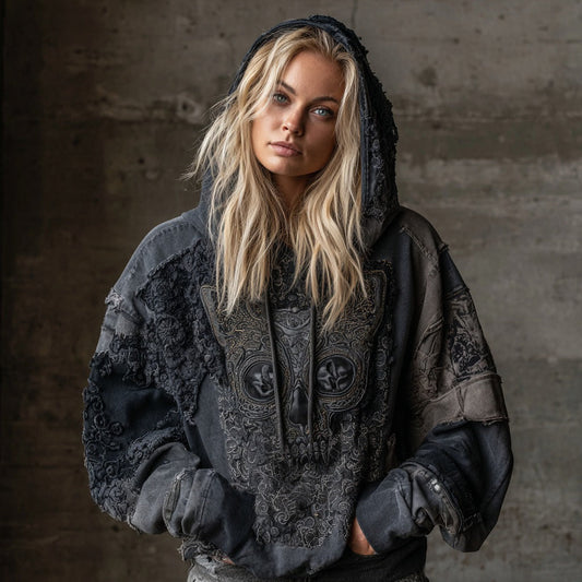 Helloween Cat Skull Inspired Bohemian Patchwork Washed Hoodie elevenforest