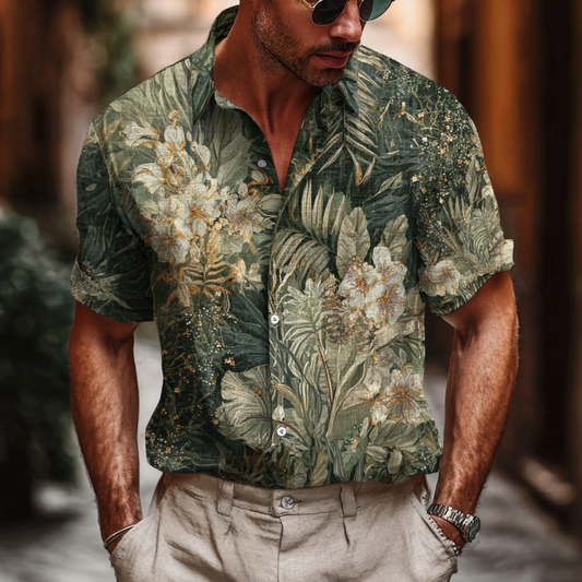 Bohemian Style Plant And Flower Pattern Men's Retro Cotton And Linen Shirt artswardrobe