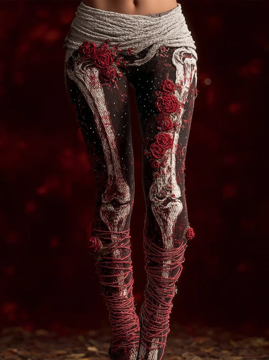 Comstylish Retro Skeleton Anatomy Bloody Roses Bandages Knit Leggings