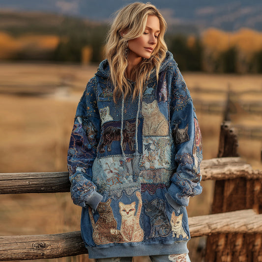 Comstylish Women's Denim Patchwork Cute Cat Print Hooded Sweatshirt Dress
