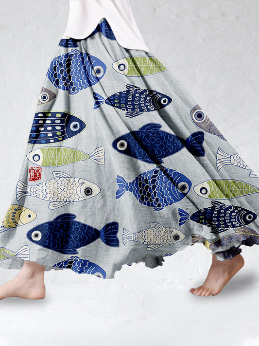 Comstylish Vintage Fish Japanese Art Linen Blend Flowy Wide Skirt
