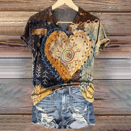 Women's Retro Ethnic Style Heart Shaped Collage Art Print V-neck Casual T-shirt artswardrobe