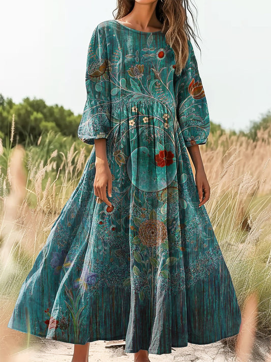 Women's Floral Print Flowy Cotton Crew Neck Dress artswardrobe