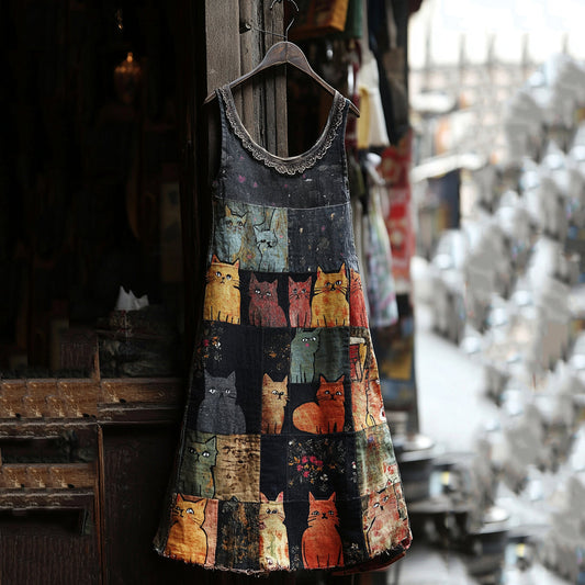 Casual Pop Art Patchwork Denim Cat Dress elevenforest