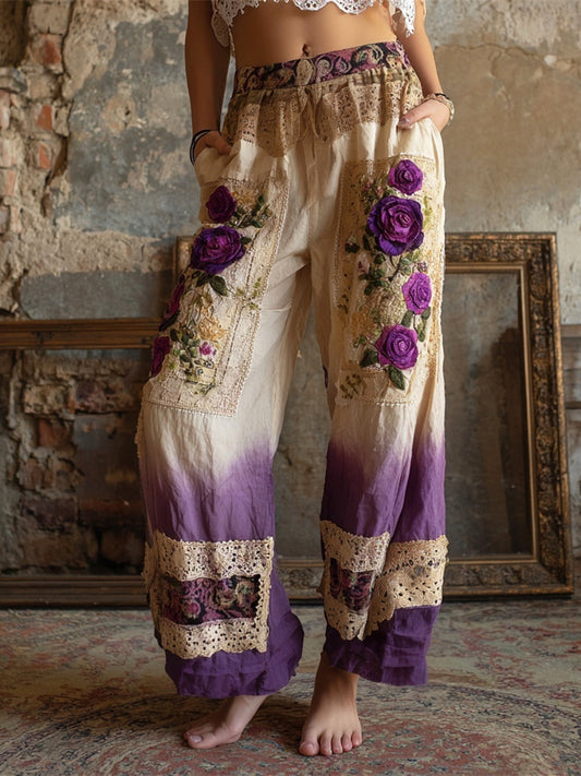 Boho Vintage Floral Lace Patchwork Art Women's Linen Trousers artswardrobe