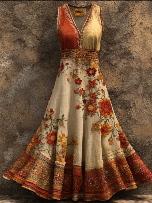 Bohemian Style Two-tone Floral V-neck Sleeveless Orange Vintage Long Dress artswardrobe