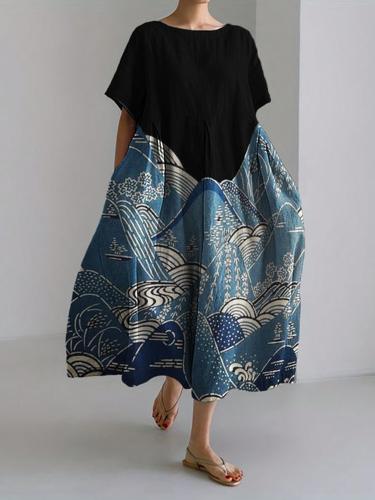 Comstylish Mountains Landscape Japanese Art Linen Blend Maxi Dress