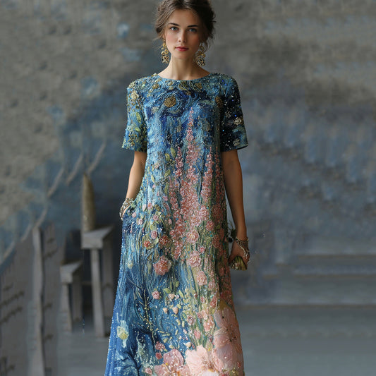 Art Oil Painting Floral Sequin Gradient Maxi Dress artswardrobe