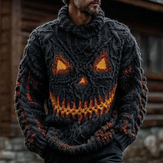 Halloween Evil Pumpkin Emoji Men's Chunky Knit Turtleneck Sweater artswardrobe