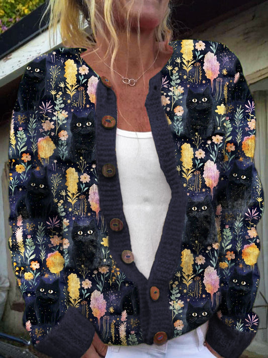 Watercolor Floral & Black Cat Print Women's Cardigan Sweater artswardrobe