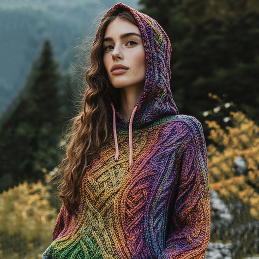 Women's Irish Rainbow Pattern Jacquard Pocket Cozy Hooded Sweater elevenforest