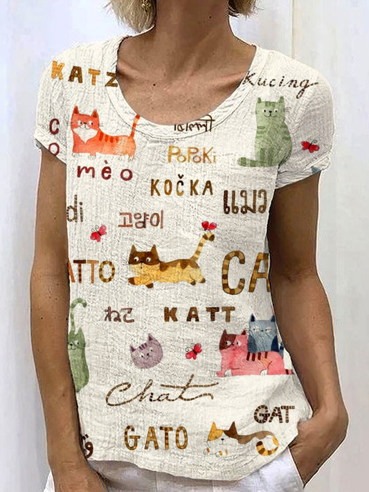 Comstylish Vintage Watercolor Cat Font Women's Linen T-shirt
